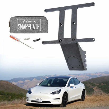 SnapPlate front license plate mount kits for the 2017 to 2023 Tesla Model 3 include a hardware kit with four black and four silver T25 torx security screws and a T25 screwdriver