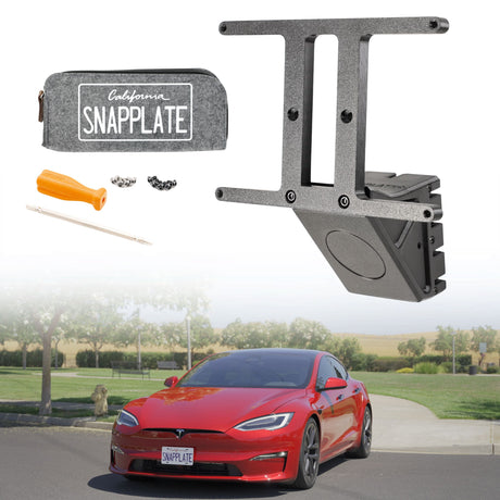 SnapPlate plus for 2021+ Tesla Model Y shown with the vehicle and included hardware kit