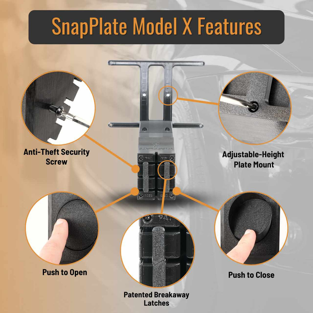 SnapPlate front license plate mounts for the 2021 and up Tesla Model X feature a simple pushbutton design with adjustable plate height, breakaway features, and an optional security screw