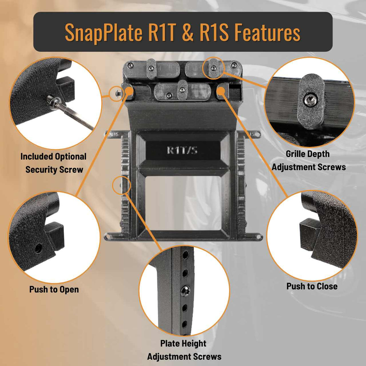 SnapPlate front license plate mounts for the 2022 and up Rivian R1T and R1S feature a simple pushbutton design with adjustable plate height and grille fit and an optional security screw