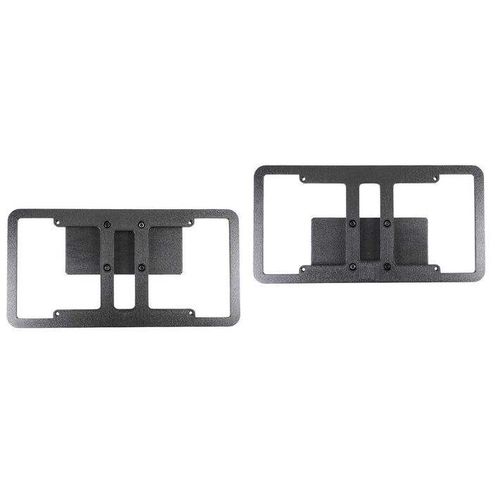 Two black metal wall mounting brackets with rectangular frames and mounting holes, displayed side by side on a white background.
