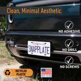 Front view of a Rivian R2 with the EveryAmp SnapPlate Front License Plate Mount—an adjustable, no-drill, no-adhesive solution made from recycled plastic in the USA. Ideal among Rivian R2 accessories.