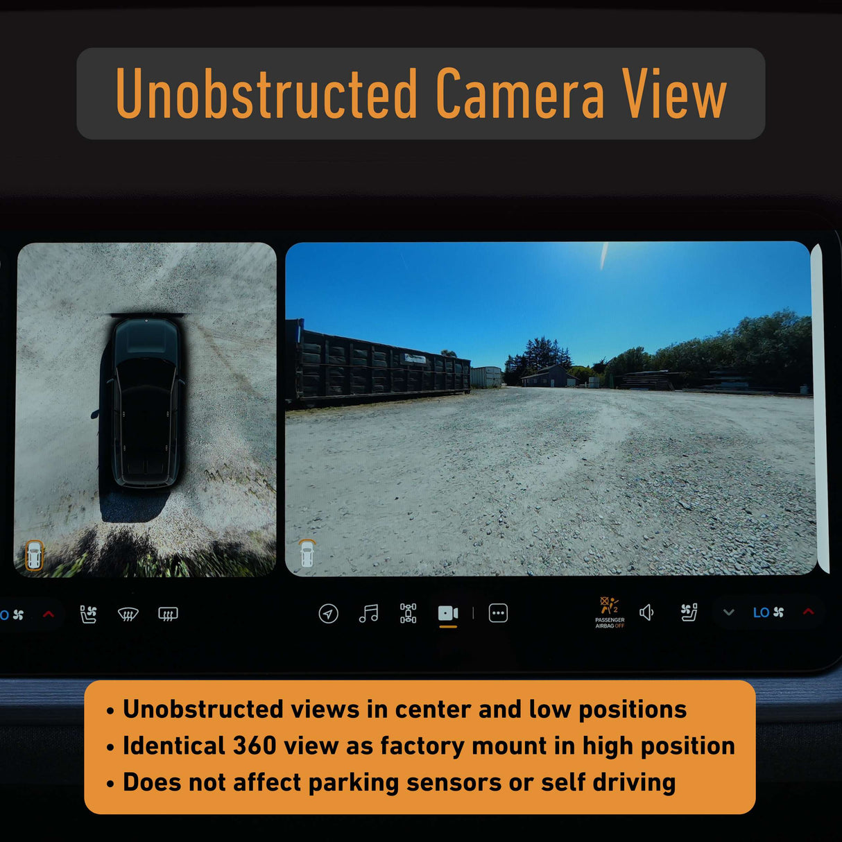 Car display screen shows an overhead 360° view and front-facing camera of a gravel lot for easy parking—ideal when paired with the EveryAmp SnapPlate Front License Plate Mount for Rivian R2.