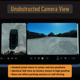 Car display screen shows an overhead 360° view and front-facing camera of a gravel lot for easy parking—ideal when paired with the EveryAmp SnapPlate Front License Plate Mount for Rivian R2.