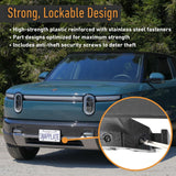 Front view of a green Rivian R2 with the EveryAmp SnapPlate Front License Plate Mount; inset shows its lockable, anti-theft design—made from recycled PETG plastic with stainless steel fasteners.