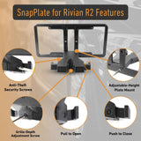 The EveryAmp SnapPlate Front License Plate Mount for Rivian R2 features anti-theft security screws, a grille-depth adjustment screw, pull-to-open and push-to-close design, plus an adjustable-height mount.