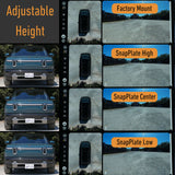 Four side-by-side views show a Rivian R2's front with the EveryAmp SnapPlate mount made from recycled PETG, displayed at Factory, High, Center, and Low positions with matching camera displays.