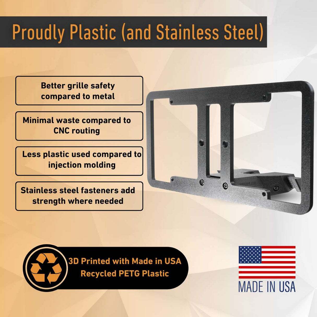 The EveryAmp SnapPlate Front License Plate Mount for Rivian R2 offers grille safety, uses less plastic, features stainless steel fasteners, and is proudly made in the USA from recycled PETG for a sustainable solution.