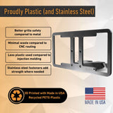 The EveryAmp SnapPlate Front License Plate Mount for Rivian R2 offers grille safety, uses less plastic, features stainless steel fasteners, and is proudly made in the USA from recycled PETG for a sustainable solution.