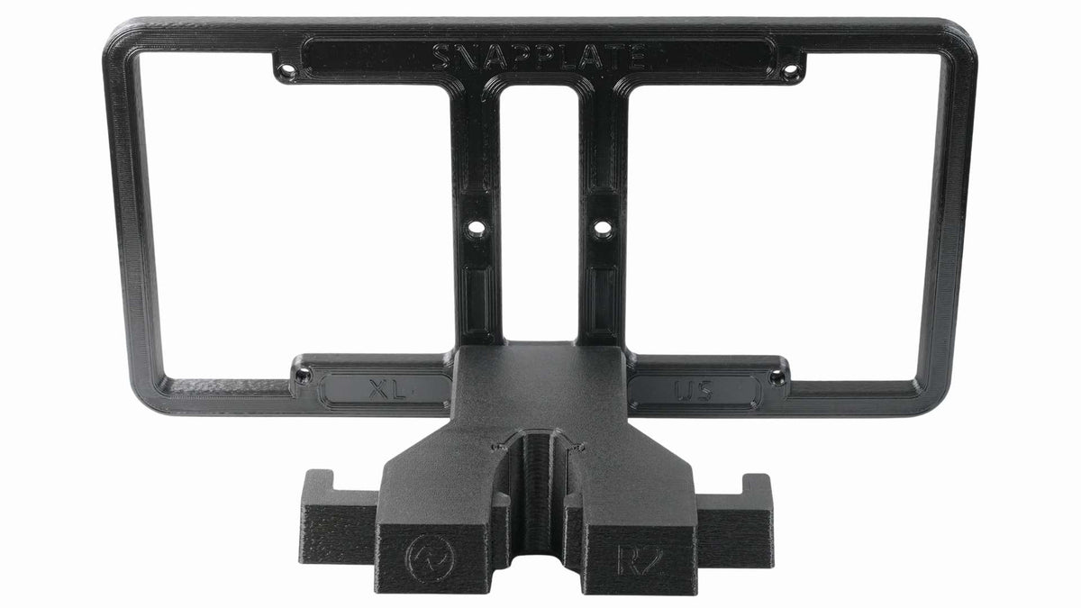 Black plastic license plate holder with a rectangular frame and a mounting base, shown against a white background.