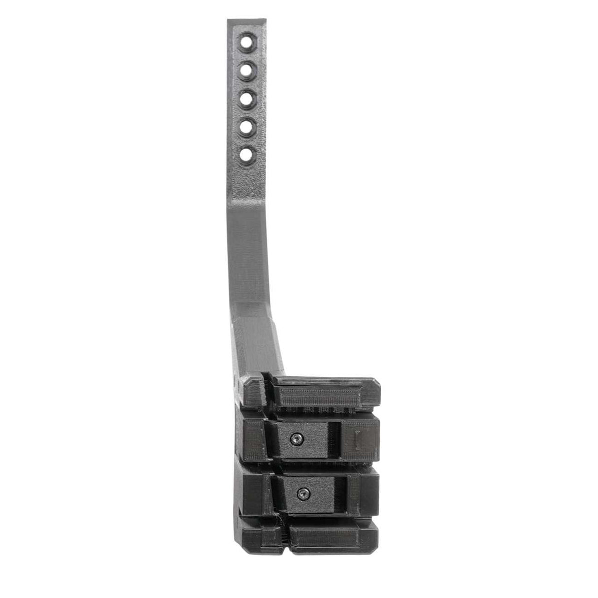 The EveryAmp SnapPlate+ Base for Tesla Model X (2026+) features a metal bracket with multiple adjustment holes and three black clamps attached at the bottom, shown from the front.
