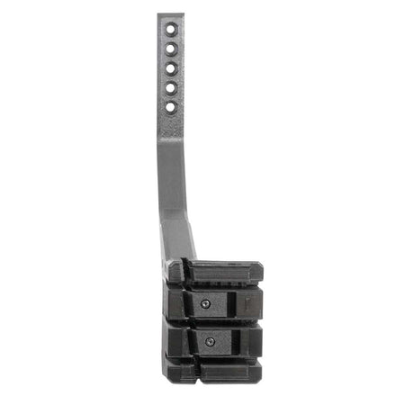 The EveryAmp SnapPlate+ Base for Tesla Model X (2026+) features a metal bracket with multiple adjustment holes and three black clamps attached at the bottom, shown from the front.