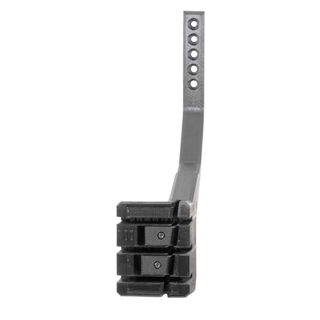 The EveryAmp SnapPlate+ Base for Tesla Model X (2026+) is a black metal bracket with a row of holes on its arm and three stacked clamps at the base, designed for the bumper camera, shown against a white background.