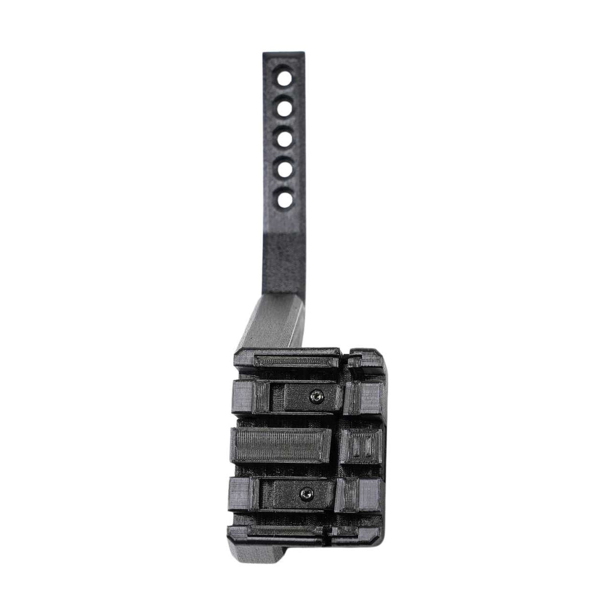 The EveryAmp SnapPlate+ Base for Tesla Model Y (2026+) is a black metal replacement bracket with a vertical arm featuring five holes and a horizontal section with three rectangular fastened components.