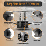 SnapPlate for Lexus RZ features an anti-theft security screw, adjustable license plate heights, adjustable grille depth, and easy push to open and close buttons