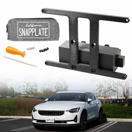 SnapPlate for Polestar 2 shown with vehicle and hardware kit