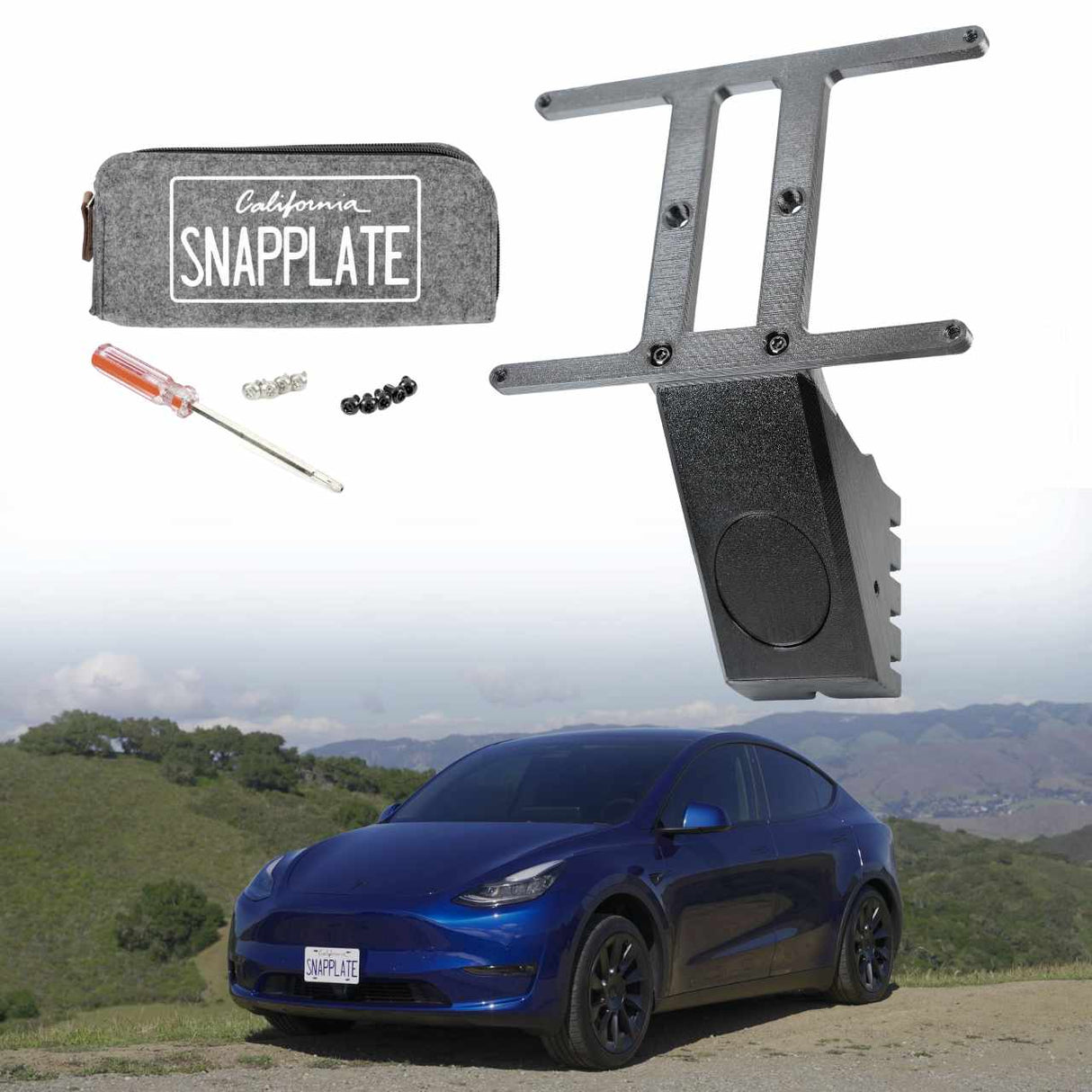 SnapPlate for Tesla Model Y shown with the vehicle and hardware kit