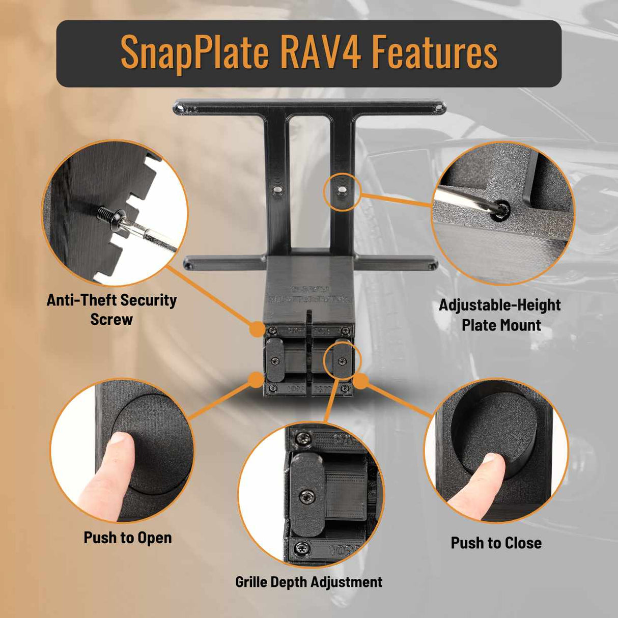 SnapPlate front license plate mounts for the 2019 and up Toyota RAV4 feature a simple pushbutton design with adjustable plate height, breakaway latches, and an optional security screw