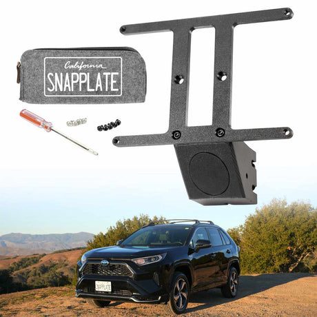 SnapPlate front license plate mount kits for the 2019 and up Toyota RAV4 include a hardware kit with four black and four silver T25 torx security screws and a T25 screwdriver