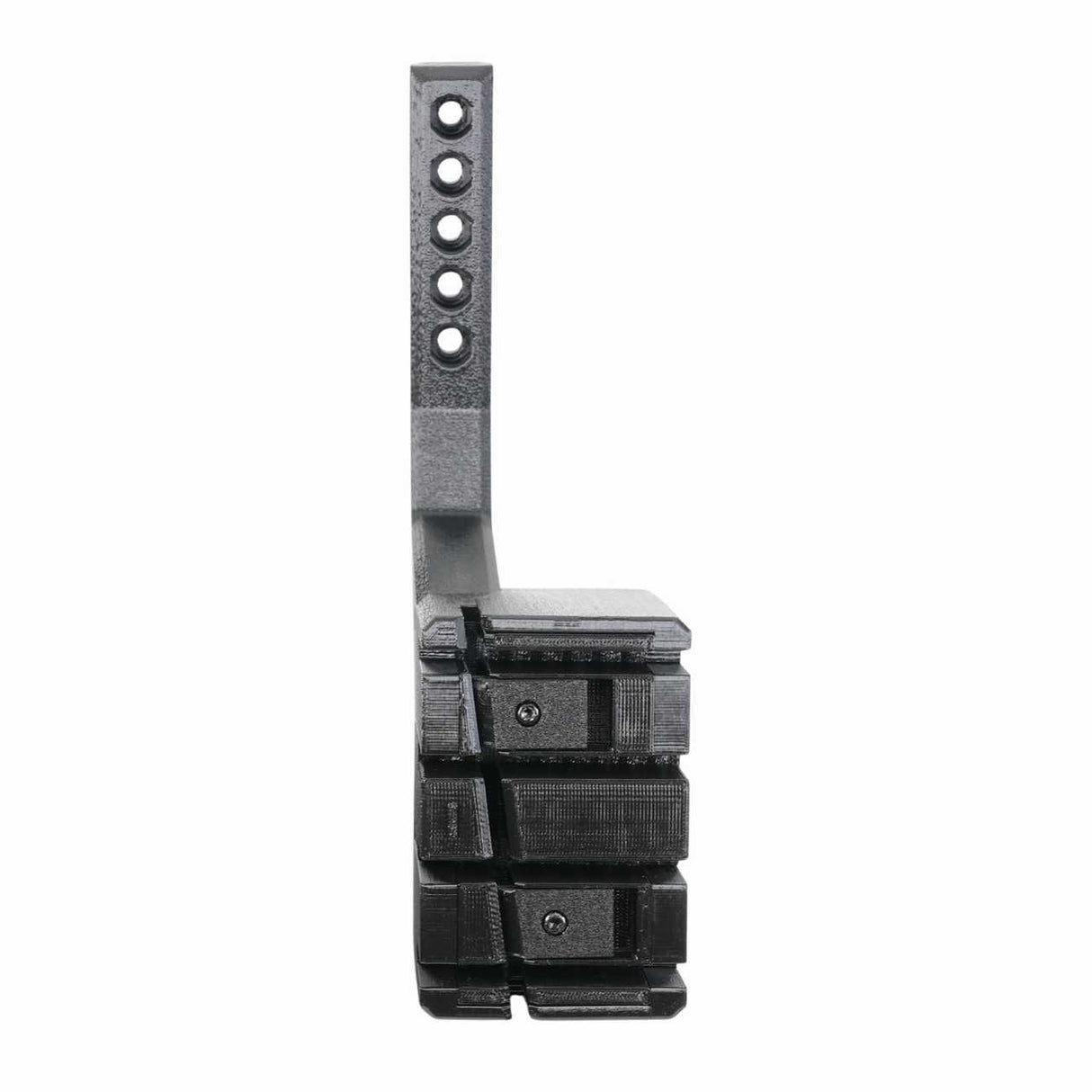 The EveryAmp SnapPlate+ Base - Tesla Model S Base (2026) is a black, L-shaped bracket for the 2026 Model S bumper camera, with five holes on the vertical side and three rectangular slots on the horizontal side.