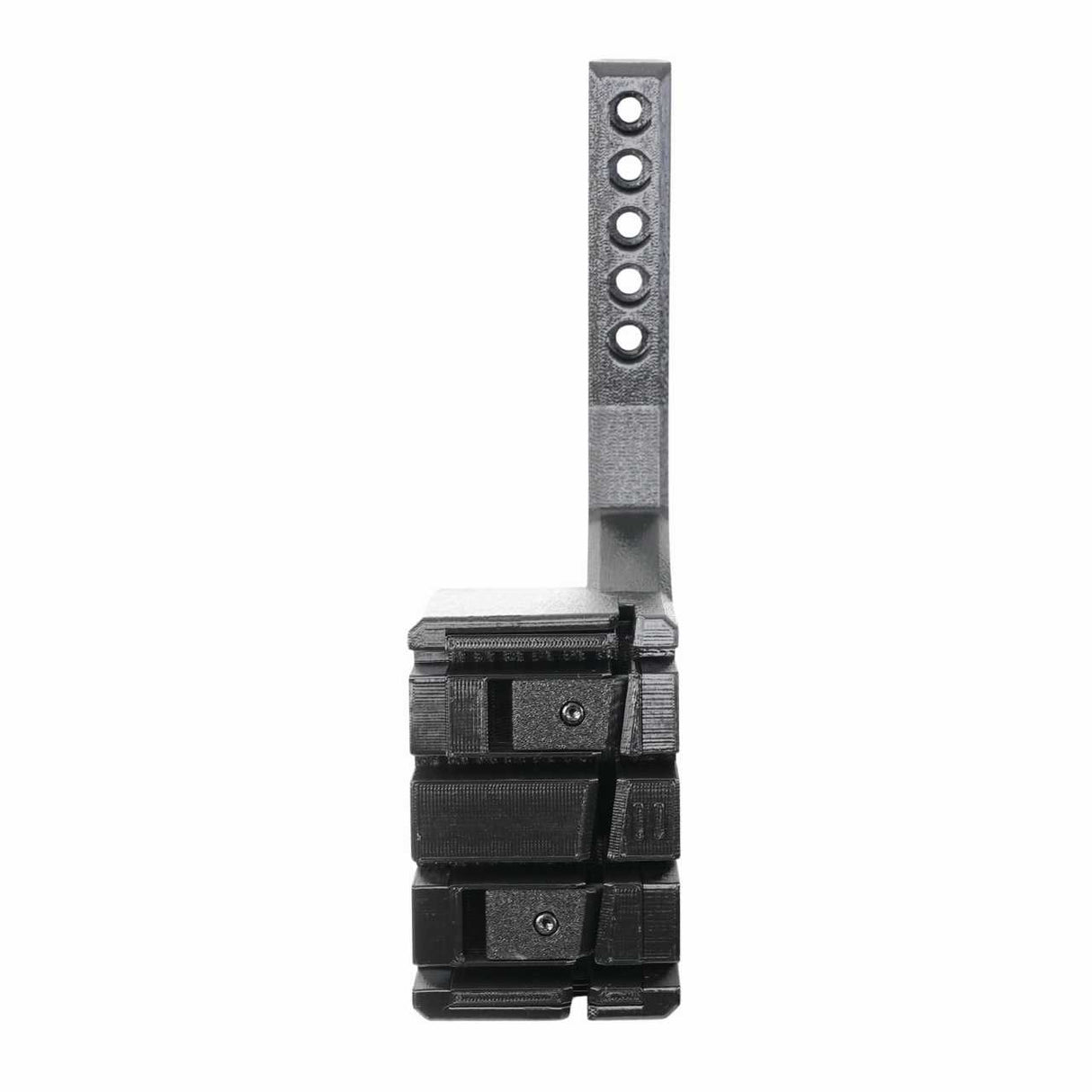 The EveryAmp SnapPlate+ Base - Tesla Model S Base (2026) is a 3D-printed vertical bracket with multiple holes, mounted to two stacked black rectangular components with screws, designed to fit SnapPlate+ and accommodate a bumper camera.
