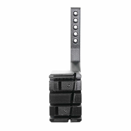 The EveryAmp SnapPlate+ Base - Tesla Model S Base (2026) is a 3D-printed vertical bracket with multiple holes, mounted to two stacked black rectangular components with screws, designed to fit SnapPlate+ and accommodate a bumper camera.