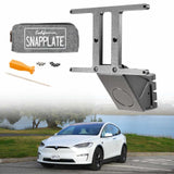 SnapPlate plus for Tesla Model X shown with vehicle and included hardware kit