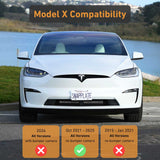Front view of a white Tesla Model X with a chart below showing SnapPlate compatibility by year and camera option—a must-have EveryAmp Tesla Model X SnapPlate Front License Plate Holder for secure front license plate mounting.