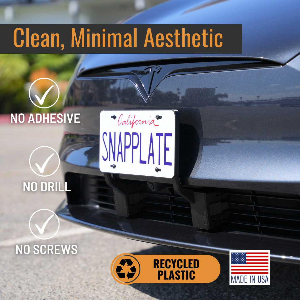 Front view of a car with the EveryAmp Tesla Model S SnapPlate Front License Plate Holder—no adhesive, no drill, no screws. Made in the USA from recycled plastic.