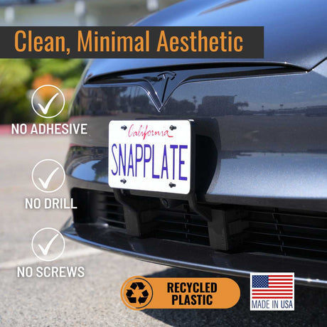 Front view of a car with the EveryAmp Tesla Model S SnapPlate Front License Plate Holder—no adhesive, no drill, no screws. Made in the USA from recycled plastic.