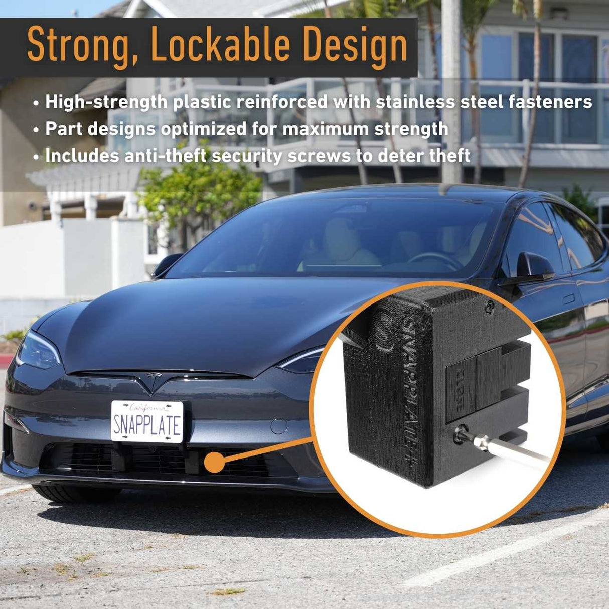 A black car with an EveryAmp Tesla Model S SnapPlate Front License Plate Holder is parked outdoors; an inset highlights the reinforced, lockable mount with anti-theft security screws.