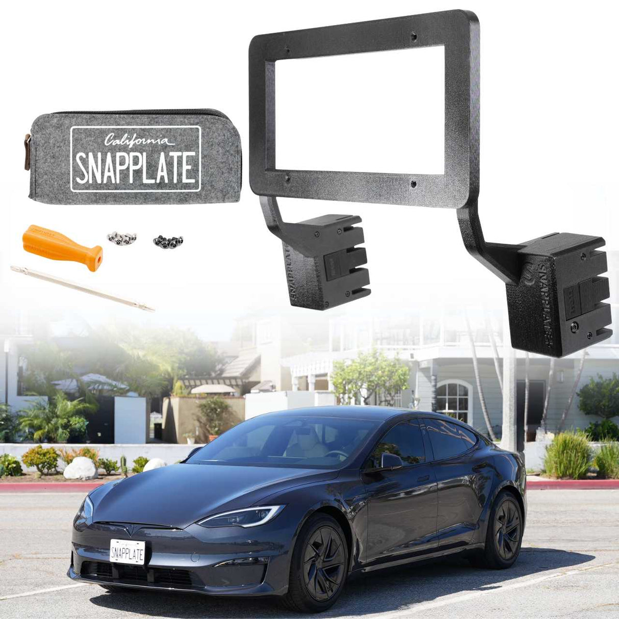 The EveryAmp Tesla Model S SnapPlate Front License Plate Holder kit, including tools and carrying case, is shown above a black Model S—an essential accessory for any Tesla Model S owner.
