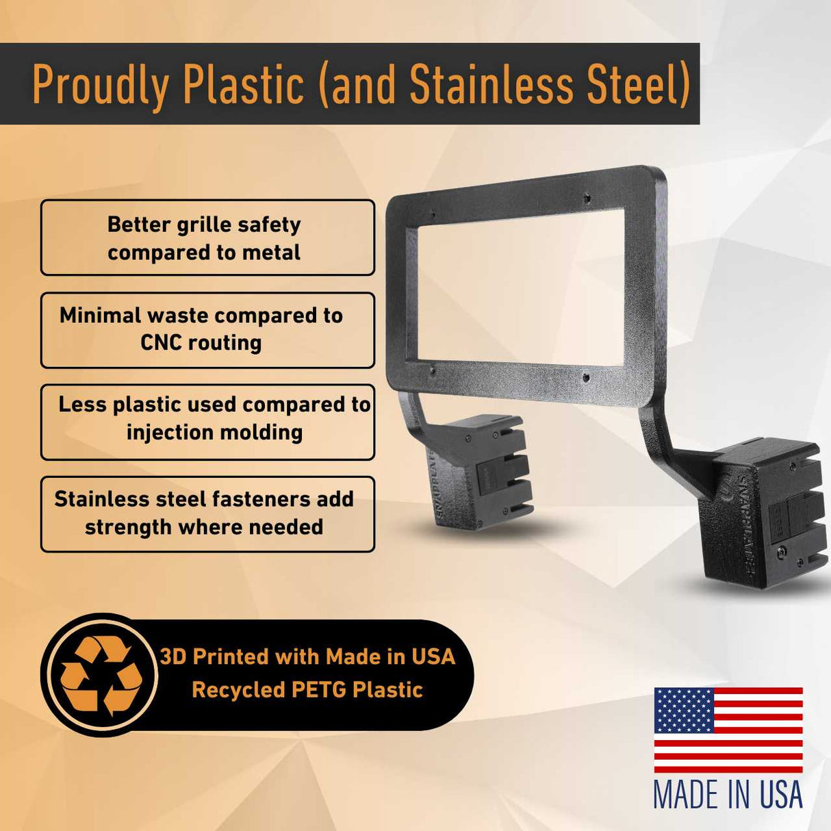 EveryAmp Tesla Model S SnapPlate Front License Plate Holder in black 3D-printed recycled PETG and stainless steel offers a safe, efficient, low-waste USA-made custom fit solution for your Model S.