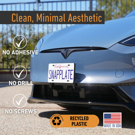 A blue Tesla Model S equipped with the EveryAmp SnapPlate Front License Plate Holder is parked outdoors. Three icons highlight that it requires no adhesive, drilling, or screws. Recycled plastic and Made in USA labels are also displayed.