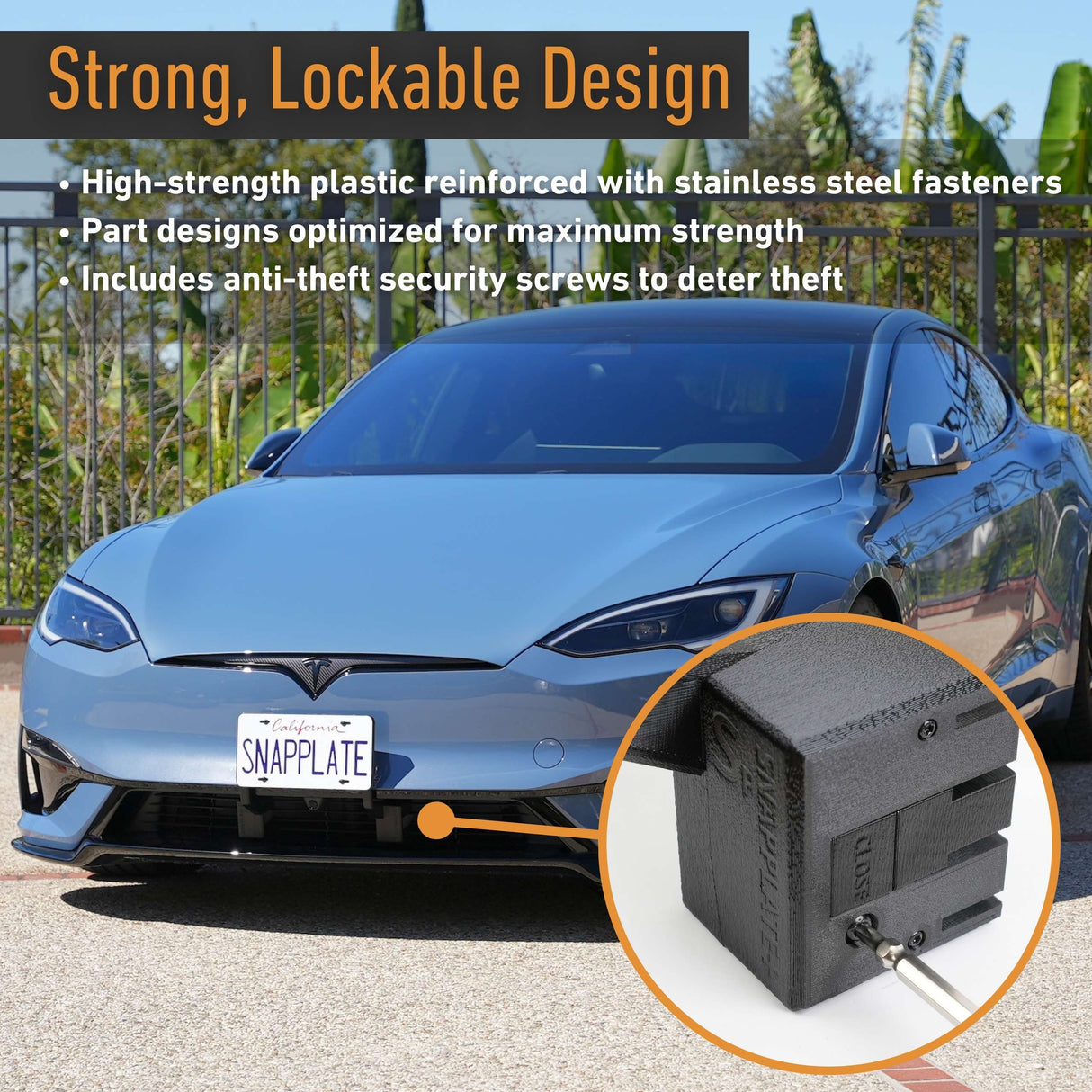 A blue Tesla is parked outdoors, equipped with the EveryAmp Tesla Model S SnapPlate Front License Plate Holder. The photo highlights the removable front license plate mount, designed for flexibility, and an inset offers a close-up view of the lockable bracket with its anti-theft security screw. Text features emphasize both the secure locking mechanism and user-friendly design of this innovative license plate holder from EveryAmp.