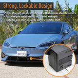 A blue Tesla is parked outdoors, equipped with the EveryAmp Tesla Model S SnapPlate Front License Plate Holder. The photo highlights the removable front license plate mount, designed for flexibility, and an inset offers a close-up view of the lockable bracket with its anti-theft security screw. Text features emphasize both the secure locking mechanism and user-friendly design of this innovative license plate holder from EveryAmp.
