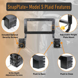 Diagram illustrating the features of the EveryAmp Tesla Model S SnapPlate Front License Plate Holder, including a removable license plate bracket, security screws, grille-depth adjustment, push-to-open/close mechanisms, and an adjustable-height front license plate mount, with labeled close-up images.