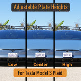 Front view of a Tesla Model S Plaid displaying three distinct license plate heights—Low, Center, and High—using the EveryAmp Tesla Model S SnapPlate Front License Plate Holder. Text reads Adjustable Plate Heights and For Tesla Model S Plaid.