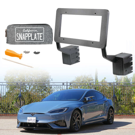 An EveryAmp Tesla Model S SnapPlate Front License Plate Holder kit, complete with tools and pouch, is displayed above a blue Tesla Model S parked outdoors.