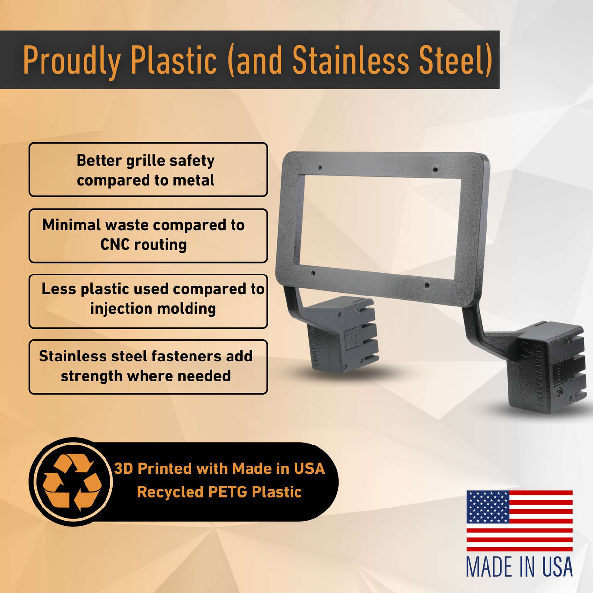 The EveryAmp Tesla Model S SnapPlate Front License Plate Holder is a plastic automotive grille part engineered for safety and reduced waste, utilizing less plastic and stainless hardware. Made from recycled PETG through 3D printing, this front license plate holder features a removable bracket and is fully compatible with the Tesla Model S SnapPlate. Proudly made in the USA.