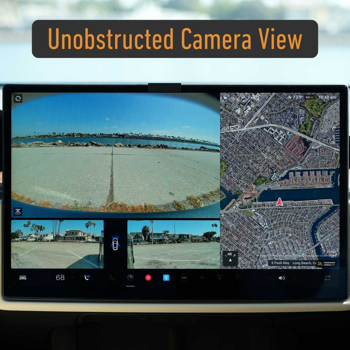 The car dashboard shows multiple camera views and navigation with “Unobstructed Camera View”—demonstrating how the EveryAmp Tesla Model S SnapPlate Front License Plate Holder keeps your cameras’ views clear.