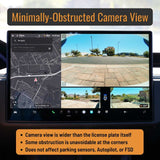 The dashboard shows navigation and rear camera views, highlighting that the EveryAmp Tesla Model X SnapPlate Front License Plate Holder causes minimal obstruction, so parking sensors, Autopilot, and FSD features remain fully functional.
