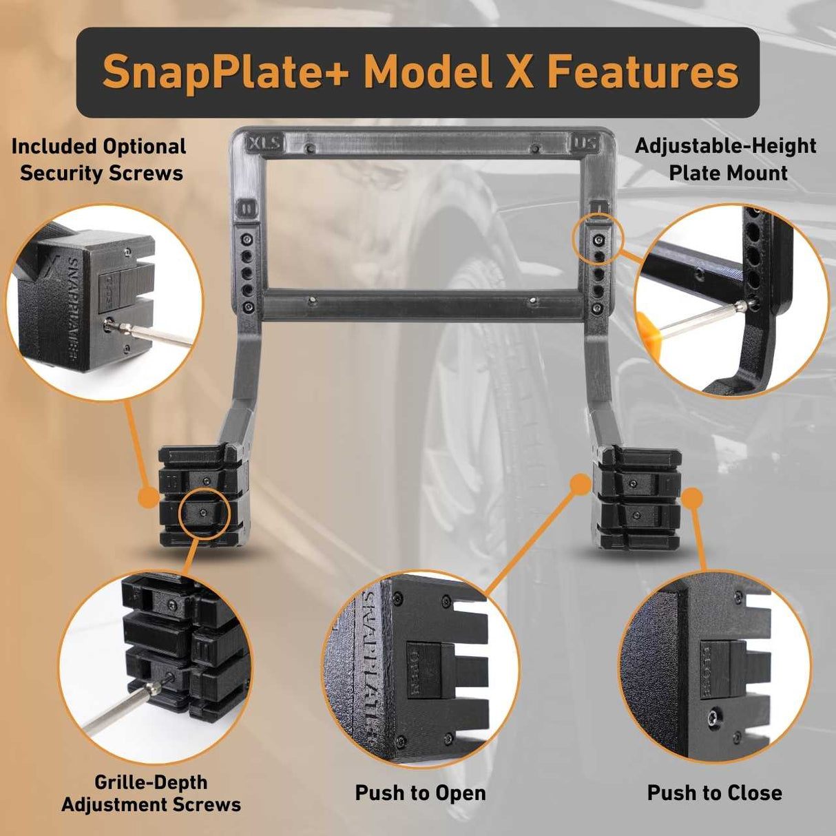 The EveryAmp Tesla Model X SnapPlate Front License Plate Holder has optional security screws, adjustable height and grille-depth, push-to-open/close features, and is 3D printed from recycled PETG.