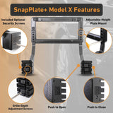 The EveryAmp Tesla Model X SnapPlate Front License Plate Holder has optional security screws, adjustable height and grille-depth, push-to-open/close features, and is 3D printed from recycled PETG.
