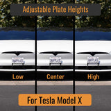 EveryAmp’s Tesla Model X SnapPlate Front License Plate Holder is shown in low, center, and high positions, illustrating its adjustable mount heights for your vehicle.