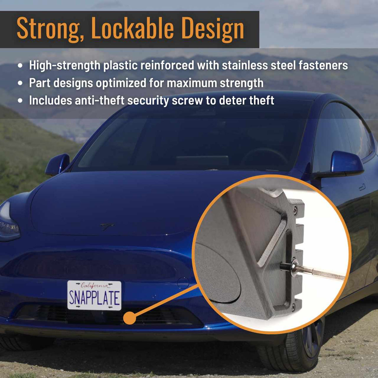 SnapPlate plus front license plate holders for the 2020 and up Tesla Model Y have a strength optimized design with stainless steel reinforcement