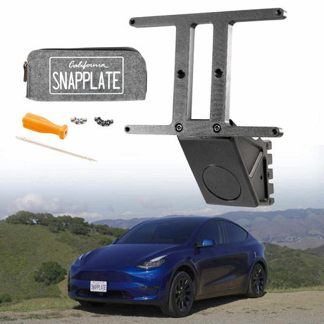 SnapPlate plus for 2020 Tesla Model Y shown with the vehicle and included hardware kit