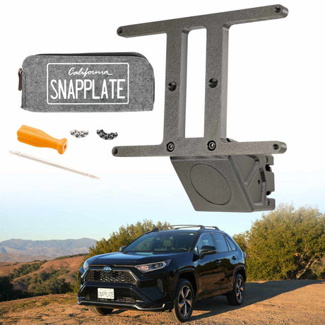 SnapPlate plus front license plate mount kits for the 2019 and up Toyota RAV4 include a hardware kit with four black and four silver T25 torx security screws and a combo T25 and T10 screwdriver