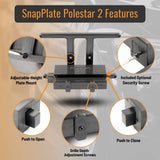 SnapPlate for Polestar 2 features adjustable license plate height, anti-theft security screw, grille depth adjustment, and easy push to open and close buttons