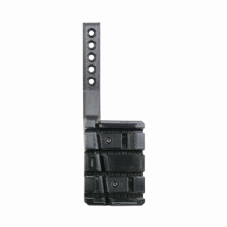 The EveryAmp SnapPlate+ Base—designed for the 2026 Tesla Model S Plaid—is a black plastic bracket compatible with bumper cameras. It features six adjustment holes along its vertical arm and a rectangular base, shown here on a white background.